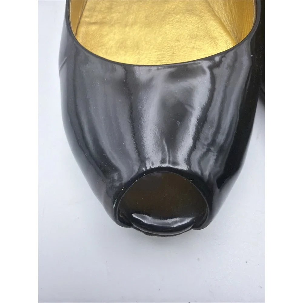 PRADA Black Patent Leather Flats Peep Toe Slides 35.5